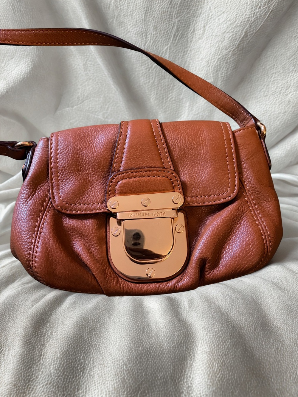 Michael Kors Copper Brown Leather Shoulder Bag with Rose Gold Lock